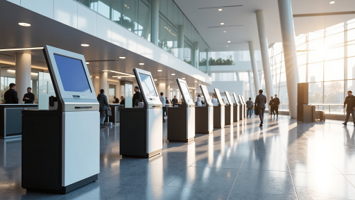 Modern banking facility interior with digital displays and customer service counters, showing financial technology integration