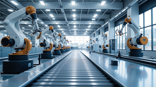 Modern manufacturing facility with automated production line and robotic equipment, showing industrial technology integration