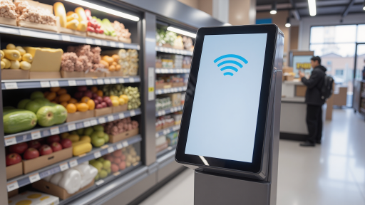 Modern retail store with smart shelves and digital signage, showing retail technology integration