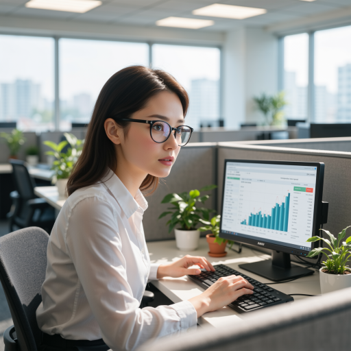 Thirty five year old female engineer wearing casual business attire, sitting at desk with laptop and technical equipment in background