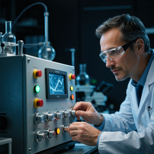 Forty five year old male researcher wearing glasses and casual shirt, standing in laboratory setting with scientific equipment